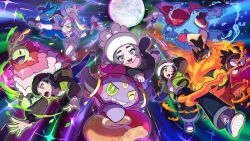  2boys 4girls absurdres ahoge ansha_(pokemon) bag belt black_coat blonde_hair blue_eyes brown_eyes brown_hair brown_jacket coat cropped_shirt emboar feraligatr furry gradient_hair green_jacket grey_hair hair_between_eyes hair_bun harmony_(pokemon) hat highres hoopa hoopa_(confined) jacket korrina_(pokemon) long_hair long_sleeves lucario mega_emboar mega_feraligatr mega_meganium mega_ring mega_stone meganium midriff multicolored_hair multiple_boys multiple_girls navel official_art open_clothes open_jacket open_mouth pants paxton_(pokemon) pink_hair pokemon pokemon_legends:_z-a ponytail red_shirt red_sweater ribbed_shirt scarf shirt short_hair shorts sleeveless smile striped_hat sweater taunie_(pokemon) thick_eyebrows turtleneck urbain_(pokemon) white_hat white_shirt white_shorts winter_clothes winter_coat 