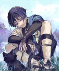  1boy anemo_symbol_(genshin_impact) aqua_gemstone arm_on_thigh armor black_bodysuit black_bridal_gauntlets black_cat black_sandals black_shorts blue_cape blue_eyes blue_sky blunt_ends bodysuit bridal_gauntlets bridal_legwear cape cat closed_mouth clouds cloudy_sky eyelashes eyeliner eyeshadow falling_petals feathers from_below gem genshin_impact gold_ring grass highres itogens japanese_armor japanese_clothes kimono kote kurokote leg_warmers looking_at_animal makeup male_focus middle_ring open_clothes open_hands open_kimono outdoors petals pom_pom_(clothes) red_eyeliner red_eyeshadow sandals scaramouche_(genshin_impact) shorts shoulder_peek sky smile solo squatting stirrup_legwear tassel toeless_legwear toenails toes tree tsurime vision_(genshin_impact) wanderer_(genshin_impact) white_kimono white_leg_warmers wispy_bangs yellow_feathers zouri 