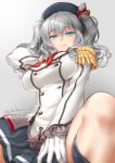  1girl blue_eyes blurry breasts depth_of_field epaulettes gloves hat heart heart-shaped_pupils highres kantai_collection kashima_(kantai_collection) looking_at_viewer military military_uniform okitakung silver_hair smile solo symbol-shaped_pupils twintails uniform 
