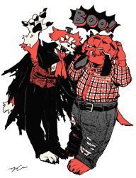  2boys animal_ears ascot black_cape cape claws denim dog_boy dog_ears dog_tail english_commentary english_text furry furry_male highres jeans joseph_(smell) looking_at_viewer male_focus multiple_boys nagabe noi_(smell) one_eye_closed open_mouth pants pawpads plaid_clothes pumpkin red_ascot screw signature smell_(nagabe) smile tail vampire_costume white_background 