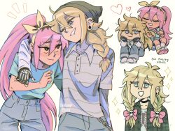  2girls absurdres alternate_costume alternate_hairstyle alternate_universe antenna_hair artist_name aubrey_(faraway)_(omori) aubrey_(omori) basil_(faraway)_(omori) basil_(omori) bike_shorts bike_shorts_under_shorts black_choker black_gloves black_hair black_nails black_shorts blonde_hair blue_eyes blue_pants blue_shorts brushing_another&#039;s_hair brushing_hair choker collarbone collared_shirt denim denim_shorts double-parted_bangs ear_piercing emori_(shrimperini) english_text face_piercing fingerless_gloves genderswap genderswap_(mtf) gloves grey_shirt hair_between_eyes hairband heart highres jeans lip_piercing long_hair long_sleeves low_twintails multicolored_hair multiple_girls omori one_eye_closed pants piercing pink_hair ponytail shirt shorts shrimperini twintails two-tone_hair yellow_hairband 