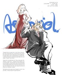  1boy 1girl 7oy7iger absurdres artist_name asgore_dreemurr beard black_pants black_suit blonde_hair blush character_name closed_eyes closed_mouth copyright_name crown dress english_commentary english_text facial_hair floppy_ears furry furry_female furry_male goat_horns highres holding_hands horns looking_at_another looking_up necktie one_eye_closed pants red_dress red_necktie sitting smile suit tiara toriel undertale utdr_(toby_fox) white_background white_fur 