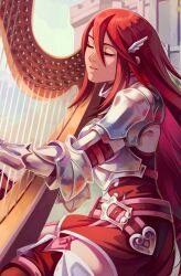  1girl armor boobplate boots breastplate breasts closed_eyes cordelia_(fire_emblem) dress fire_emblem fire_emblem_awakening garter_straps gauntlets gloves hair_between_eyes hair_ornament harp highres holding holding_harp holding_instrument instrument iubworks long_hair music parted_lips playing_instrument red_boots red_dress red_hair sitting smile solo thigh_boots thighs very_long_hair wing_hair_ornament winged_hair_ornament 