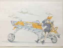  1girl black_boots black_hoodie black_skirt blonde_hair boots bow bow_hairband braid brown_eyes closed_mouth clouds commentary gloves grey_gloves hairband hand_up highres hood hood_down hoodie long_hair looking_at_viewer motor_vehicle motorcycle on_motorcycle orange_bow orange_hairband original peter_salt pleated_skirt single_braid skirt smile solo traditional_media vehicle_focus 