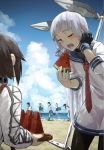  6+girls bangs beach black_gloves black_hair black_legwear blue_hair blunt_bangs brown_eyes clouds eating food fruit fubuki_(kantai_collection) gloves hair_ribbon hair_tucking hatsuyuki_(kantai_collection) hayasui_(kantai_collection) headgear jacket kantai_collection leaning_forward long_hair multiple_girls murakumo_(kantai_collection) nathaniel_pennel necktie ocean one_eye_closed open_mouth pantyhose ribbon sailor_dress shirayuki_(kantai_collection) short_hair single_glove tatsuta_(kantai_collection) tenryuu_(kantai_collection) thigh-highs track_jacket tray tress_ribbon very_long_hair watermelon 