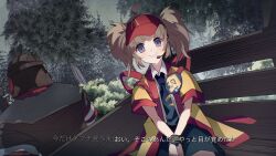  1boy 1girl :d ahoge badge black_necktie blush bound bound_wrists breasts brown_hair button_badge cart commentary_request day hair_ornament happi headset highres imadake_dabuchi_tabemi japanese_clothes looking_at_viewer mcdonald&#039;s medium_hair meme mineta_naoki necktie open_mouth outdoors parody pov short_hair short_sleeves smile subtitled teeth the_elder_scrolls the_elder_scrolls_v:_skyrim tied_up_(nonsexual) translation_request upper_teeth_only violet_eyes visor_cap yellow_happi you&#039;re_finally_awake_(meme) 