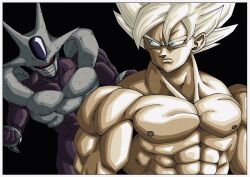  2boys black_background blonde_hair border colored_skin cooler_(dragon_ball) dragon_ball dragon_ball_z green_eyes highres male_focus medium_hair multiple_boys muscular muscular_male purple_skin red_eyes ryukyudb0726 simple_background son_goku spiky_hair super_saiyan super_saiyan_1 topless_male upper_body white_border 