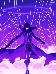  1boy absurdres arm_belt boots casting_spell coat eyes_in_shadow full_body glowing glowing_eye gold_trim highres holding holding_sword holding_weapon hood hood_up i_am_atomic_(meme) kage_no_jitsuryokusha_ni_naritakute! lapels lariel_eien legs_together long_sleeves looking_at_viewer meme outstretched_arms pants peaked_lapels purple_boots purple_coat purple_pants purple_shirt purple_theme shadow_(cid_kagenou) shirt smoke solo spell standing sword torn_clothes torn_coat weapon 