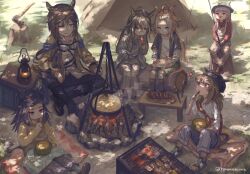  aged_down ahoge animal_ears axe black_hair black_jacket blanket blue_eyes blue_pants blunt_bangs brown_eyes brown_hair brown_sweater bucket_hat campfire camping candy cat closed_mouth coat cooking cooking_pot dream_journey_(umamusume) ear_covers ears_through_headwear eating eyewear_strap fenomeno_(umamusume) fire fishing_rod food glasses goggles goggles_around_neck gold_ship_(umamusume) green_shorts grey_hair grill hair_between_eyes hat hawawa_(hawawauma) highres holding holding_fishing_rod holding_food holding_popsicle holding_spoon horse_ears horse_girl horse_tail jacket lantern log lollipop long_hair long_sleeves multicolored_hair multiple_girls nakayama_festa_(umamusume) open_clothes open_jacket open_mouth orange_hair orfevre_(umamusume) pants petting ponytail popsicle purple_hair red_shirt shirt shoes shorts single_ear_cover sitting sitting_on_log smile socks spoon stay_gold_(umamusume) stay_gold_clan_(umamusume) stew streaked_hair sweater tail tent tree_stump two-tone_hair umamusume utensil_in_mouth violet_eyes white_hair white_shirt yellow_coat yellow_shirt 