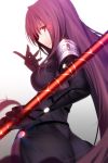  1girl absurdres armor ass bodysuit breasts fate/grand_order fate_(series) from_side glowing glowing_eyes highres long_hair looking_at_viewer looking_back polearm purple_hair red_eyes scathach_(fate/grand_order) solo spear tetsu_(countryside) very_long_hair weapon 