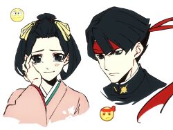  1boy 1girl absurdres ace_attorney ako_(eanaaati1) bangs_pinned_back black_eyes black_hair black_jacket blunt_ends blush closed_mouth cropped_shoulders emoji frown hair_ribbon hair_rings hand_on_own_cheek hand_on_own_face headband highres jacket japanese_clothes kazuma_asogi kimono long_sleeves pink_kimono red_headband ribbon short_hair sidelocks_tied_back simple_background smile susato_mikotoba tearing_up the_great_ace_attorney white_background wide_sleeves yellow_ribbon 