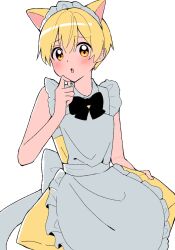  1boy animal_ears apron black_bow blonde_hair blush bow cat_ears dress frilled_apron frills hair_between_eyes hand_on_own_chin highres kai_(shell) maid_apron maid_headdress male_focus open_mouth root_(stpri) short_hair simple_background sleeveless sleeveless_dress solo strawberry_prince stroking_own_chin white_background yellow_dress yellow_eyes 