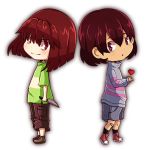  androgynous bandaid bandaid_on_knee black_eyes brown_hair chara_(undertale) chibi frisk_(undertale) heart knife lowres open_mouth red_eyes reverse_grip shirt shorts skorua smile spoilers striped striped_shirt striped_sweater sweater tagme transparent_background undertale 