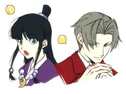  1boy 1girl :o absurdres ace_attorney ako_(eanaaati1) black_hair chinese_commentary closed_mouth commentary_request cracking_knuckles cropped_shoulders curtained_hair green_eyes grey_eyes grey_hair hair_bobbles hair_ornament highres jacket japanese_clothes jewelry kimono long_hair looking_at_viewer magatama magatama_necklace maya_fey miles_edgeworth necklace open_mouth own_hands_together purple_kimono red_jacket shirt short_hair sidelocks simple_background surprised white_background white_shirt 