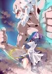  1boy 1girl blue_eyes blue_hair clenched_hands clenched_teeth clouds death2990 highres hood jewelry kumoi_ichirin muscle ring short_hair touhou unzan 