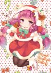  1girl animal_ears black_legwear bow braid candy candy_cane capelet crescent_hair_ornament fake_animal_ears hair_ornament hair_ribbon hat jumping lollipop long_hair long_sleeves looking_at_viewer marshmallow_mille mittens pantyhose patchouli_knowledge polka_dot polka_dot_background purple_hair rabbit_ears ribbon santa_costume santa_hat solo touhou twin_braids very_long_hair violet_eyes 