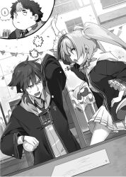  1girl 2boys alicia_vladia_sarkista arm_up ascot ball bow breasts building buta_koushaku chair closed_mouth collared_shirt confetti corset cowboy_shot crystal_ball desk faceless fat fat_man frilled_robe from_side greyscale hair_between_eyes hand_on_own_head hand_on_own_hip highres hitting holding holding_ball hooded_robe long_hair long_sleeves miniskirt monochrome motion_blur motion_lines multiple_boys nauribon novel_illustration official_art on_chair open_hand open_mouth outdoors people pleated_skirt profile robe school_uniform shirt short_hair shuya_nyukern silhouette sitting skirt slow_denning small_breasts standing sweat thick_eyebrows thighs third-party_source twintails v-shaped_eyebrows very_long_hair wide_sleeves 