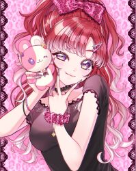  1girl absurdres animal_print black_choker black_shirt border bow bracelet choker fingernails gradient_hair gyaru hair_bow hair_ornament hairclip highres holding holding_stuffed_toy jewelry lace lace-trimmed_sleeves lace_border lace_trim long_fingernails long_hair multicolored_hair nail_polish nijisanji ornate_border pink_background pink_bow pink_nails pink_scrunchie ponytail red_hair roarroa saotome_berry scrunchie shirt short_sleeves smile solo stuffed_animal stuffed_rabbit stuffed_toy tiger_print uneven_eyes upper_body v violet_eyes virtual_youtuber wavy_hair wrist_scrunchie 