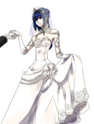  1boy 1girl blue_hair breasts bridal_veil bride closed_mouth clothes_lift commentary_request dress dress_lift feet_out_of_frame gloves hair_bun hetero jewelry long_dress long_hair medium_breasts necklace pearl_necklace priest_(ragnarok_online) ragnarok_online simple_background single_hair_bun smile solo_focus strapless strapless_dress tiara toriria veil violet_eyes wedding wedding_dress white_background white_dress white_gloves 
