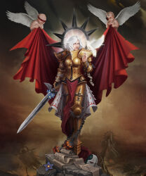  1girl armor armored_boots artificial_eye banner battle_standard beads bird blindfold blue_flower boobplate boots breastplate breasts cape chain cherub closed_mouth commentary dove ecclesiarchy_(warhammer) english_commentary fantasy fleur-de-lis flower full_armor glowing glowing_eyes gold_armor gorget greaves halo helm helmet highres holding holding_prayer_beads holding_sword holding_weapon imperial_aquila iron_halo klaher_baklaher living_saint long_hair mechanical_eye ornate_armor pauldrons pelvic_curtain power_armor purity_seal red_cape red_eyes saint_celestine scripture shoulder_armor signature skull skull_ornament solo spiked_halo sword unworn_headwear unworn_helmet waist_cape war_banner warhammer_40k weapon white_bird white_eyes white_hair wings 