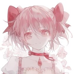  1girl bow bow_choker center_frills chest_jewel chinese_commentary choker closed_mouth collarbone commentary_request dress eyes_visible_through_hair floral_background frilled_dress frills gem hair_between_eyes hair_bow happy highres kaname_madoka layla_836829767 magical_girl mahou_shoujo_madoka_magica mahou_shoujo_madoka_magica_(anime) pink_eyes pink_gemstone pink_hair puffy_short_sleeves puffy_sleeves red_bow red_choker short_hair short_sleeves short_twintails smile solo square_neckline twintails upper_body white_background white_sleeves yellow_dress 