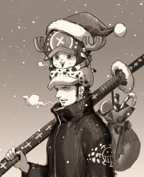  1boy breath candy candy_cane coat commentary_request deer_boy facial_hair food goatee greyscale hat highres kdash long_sideburns male_focus monochrome one_piece open_mouth sack santa_hat short_hair sideburns snowing tony_tony_chopper trafalgar_law 