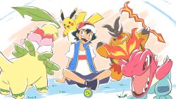  1boy ash_ketchum baseball_cap bayleef black_hair blue_vest closed_eyes cosplay crossed_legs emboar fangs feraligatr fire flower hat holding leaf mega_emboar mega_emboar_(cosplay) mega_feraligatr mega_feraligatr_(cosplay) mega_meganium mega_meganium_(cosplay) mega_raichu_x mega_raichu_x_(cosplay) meganium on_shoulder one_eye_closed open_mouth pignite pikachu pokemon pokemon_(anime) pokemon_(creature) pokemon_journeys pokemon_on_shoulder raichu sergiromero shirt shoes short_hair short_sleeves sitting smile tail totodile vest white_shirt 