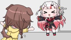  &gt;_&lt; 2girls :d animal_ears bell black_kimono braid brown_hair chibi closed_eyes dog_ears dog_girl dog_tail door double_bun gradient_hair grey_hair hair_bell hair_bun hair_ornament highres hololive horns indoors inugami_korone inugami_korone_(1st_costume) jacket japanese_clothes jingle_bell kimono long_hair long_sleeves low_twintails mochimiko multicolored_hair multiple_girls nakiri_ayame nakiri_ayame_(1st_costume) obi off_shoulder oni outstretched_arms red_hair sash sleeves_past_wrists smile spread_arms standing streaked_hair tail thigh-highs twin_braids twintails two_side_up very_long_hair virtual_youtuber white_thighhighs wide_sleeves xd yellow_jacket 