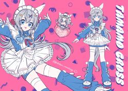  2girls ahoge alternate_costume animal_ears apron blue_eyes blue_jacket blue_socks blue_track_suit blush chibi closed_mouth deformed ear_covers ear_ornament frilled_apron frills grey_hair grey_tail hair_between_eyes hair_ornament hairband hairclip heart heart_hair_ornament heart_hands horse_ears horse_girl horse_tail jacket jersey_maid lightning_bolt_ornament long_hair long_sleeves looking_at_viewer loose_socks maid maid_apron maid_headdress multicolored_hair multiple_girls obaa-chan_(golden_retriever) oguri_cap_(umamusume) smile socks tail tamamo_cross_(umamusume) track_jacket track_suit umamusume unconventional_maid very_long_hair white_apron white_headdress 