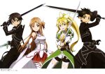  2girls absurdres asuna_(sao) black_eyes black_gloves black_hair blonde_hair breasts brown_eyes brown_hair cleavage dual_wielding fingerless_gloves gloves green_eyes habe_takashi hair_ornament highres holding_sword holding_weapon kirito kirito_(sao-alo) leafa long_hair looking_at_viewer multiple_girls open_mouth pleated_skirt ponytail red_skirt short_hair simple_background skirt spiky_hair sword sword_art_online thigh-highs weapon white_background white_legwear 