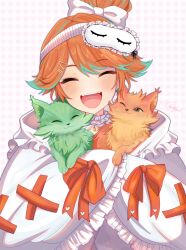  1girl blanket bow cat chonkers_(takanashi_kiara) closed_eyes frills ghosttbyun green_hair heart highres hololive hololive_english multicolored_hair official_alternate_costume official_alternate_hairstyle open_mouth orange_hair simple_background sleep_mask smile smoothie_(takanashi_kiara) solo takanashi_kiara takanashi_kiara_(cozy) two-tone_hair virtual_youtuber 