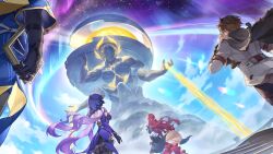  1other 2boys 2girls absurdres adjusting_eyewear arm_belt aurora bad_link belt black_boots black_gloves black_jacket black_pants black_scarf black_swan_(honkai:_star_rail) blue_shirt blue_sky book boots breasts brown_belt brown_hair brown_shirt clouds cloudy_sky dress elbow_gloves extra_arms fisheye game_cg gloves hair_ornament highres himeko_(honkai:_star_rail) holding holding_book honkai:_star_rail honkai_(series) jacket jewelry kephale_(honkai:_star_rail) large_breasts long_hair looking_up low_twintails multiple_boys multiple_girls multiple_rings official_art pants purple_dress purple_gloves purple_hair red_hair ring scarf shirt short_hair sky star_(sky) starry_sky statue sunday_(honkai:_star_rail) thigh_boots twintails veil very_long_hair welt_yang white_dress 