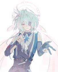  1boy anaxa_(honkai:_star_rail) aqua_gloves aqua_hair arm_cutout ascot asymmetrical_sleeves bare_shoulders bishounen black_corset black_sleeves black_vest borrowed_accessory bridal_veil clothing_cutout commentary corset cosplay crossed_bangs crystal_earrings cyrene_(honkai:_star_rail) cyrene_(honkai:_star_rail)_(cosplay) cyrene_(ripples_of_past_reverie)_(honkai:_star_rail) double-parted_bangs earrings eyepatch flower gloves grin hair_between_eyes hair_flower hair_intakes hair_ornament hair_tubes halo halo_behind_head hashtag-only_commentary highres hole_in_chest hole_on_body honkai:_star_rail honkai_(series) index_finger_raised jewelry jq4_3 long_hair low_side_ponytail male_focus middle_ring mismatched_sleeves multiple_rings no_jacket one_eye_covered open_hand outstretched_hand partially_fingerless_gloves pink_eyes pink_flower pink_halo pink_rose pink_veil red_pupils ring rose see-through_clothes see-through_veil simple_background single_earring single_glove single_hair_tube smile solo sparkle symbol-only_commentary thumb_ring upper_body veil vest wedding_ring white_ascot white_background wing_collar 