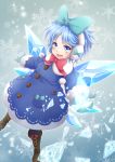  1girl :d adapted_costume bangs blue_bow blue_eyes blue_hair blue_legwear boots bow broken buttons cirno coat cross-laced_footwear earmuffs eyebrows eyebrows_visible_through_hair hair_bow ice ice_wings lace-up_boots legs_apart long_sleeves looking_at_viewer mitsucho mittens open_mouth outstretched_arms pom_pom_(clothes) red_bow short_hair smile snowflakes solo stitches touhou wings winter_clothes 