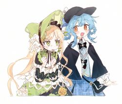  2girls bag bird_hat_ornament black_bag black_capelet blue_hair blue_necktie blue_skirt braid braided_hair_rings capelet commentary_request deerstalker detective dress flower-trimmed_dress frilled_dress frills green_bonnet green_dress green_eyes hair_rings hat highres lolita_fashion magical_girl mahou_shoujo_no_majo_saiban messenger_bag multiple_girls necktie nendo23 open_mouth orange_eyes plaid_clothes plaid_skirt short_hair shoulder_bag simple_background skirt smile tachibana_sherry tono_hanna too_many too_many_frills twintails upper_body white_background 