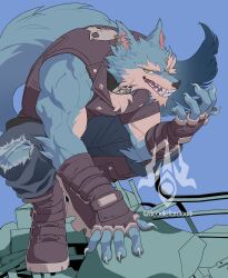  1boy absurdres animal_ears artist_logo artist_name biceps black_gloves black_shoes black_vest blue_background claws denim dislyte doodleforcloud earrings english_commentary fangs fingerless_gloves freddy_(fenrir)_(dislyte) furry furry_male gloves highres jeans jewelry logo looking_at_viewer male_focus muscular muscular_male open_mouth pants scar scar_across_eye scar_on_face shoes smile tail torn_clothes torn_jeans torn_pants vest wolf_boy wolf_ears wolf_tail 