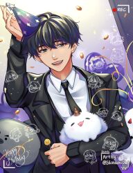  1boy :d absurdres aegyo_sal animal animal_hug balloon biyoo_(omniscient_reader&#039;s_viewpoint) black_coat black_eyes black_hair black_necktie black_vest coat coin collared_shirt gold_coin hand_up happy_birthday hat heart_balloon highres kim_dokja male_focus necktie omniscient_reader&#039;s_viewpoint open_clothes open_coat party_hat party_popper recording saihachi06 shirt short_hair smile stuffed_animal stuffed_toy teeth upper_body upper_teeth_only vest white_shirt 