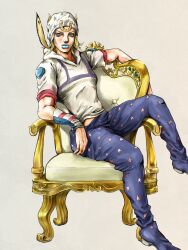  1boy absurdres american_flag american_flag_print arm_warmers beanie blonde_hair blue_eyes blue_lips blue_pants chair commentary_request faux_traditional_media feathers flag_print hat heart_ornament highres hood hood_down hoodie horseshoe_hat_ornament horseshoe_ornament johnny_joestar jojo_no_kimyou_na_bouken kaib0y lips makeup male_focus pants red_sleeves sitting solo star_(symbol) star_print steel_ball_run two-tone_sleeves white_hat white_hoodie white_sleeves 