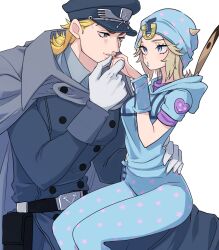 1boy 1girl belt blonde_hair blue_eyes blush breasts cape closed_mouth diego_brando genderswap genderswap_(mtf) gloves hat highres hood hoodie johnny_joestar jojo_no_kimyou_na_bouken lips lipstick makeup medium_hair pants simple_background star_(symbol) star_print steel_ball_run white_background white_gloves yuki_jj