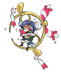 >_< 1boy black_boots blue_hair boots chimecho closed_eyes full_body gloves happy highres hug james_(pokemon) juno_son mega_chimecho mega_pokemon open_mouth pants pokemon pokemon_(anime) pokemon_(classic_anime) pokemon_(creature) pokemon_legends:_z-a shirt smile team_rocket team_rocket_uniform white_gloves white_pants white_shirt wind_chime