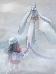 1girl bag beanie black_hair blue_hair boots coat colored_sclera duffel_bag froslass hat highres hikari_(pokemon) horns long_hair long_sleeves mega_froslass mega_pokemon meta-g_(curc8737) outdoors pink_boots pokemon pokemon_(creature) pokemon_dppt pokemon_legends:_z-a pokemon_platinum red_coat shoulder_bag thigh-highs white_hat white_thighhighs yellow_sclera