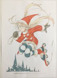  1girl black_gloves blonde_hair boots brown_eyes christmas commentary_request dress full_body fur-trimmed_boots fur-trimmed_dress fur-trimmed_headwear fur_trim gloves green_thighhighs hand_up hat highres holding holding_sack inline_skates knees_together_feet_apart legs_up long_hair midair open_mouth original peter_salt pine_tree pom_pom_(clothes) red_boots red_dress red_hat roller_skates sack santa_costume santa_hat skates smile snowing solo striped_clothes striped_thighhighs thigh-highs traditional_media tree twintails 