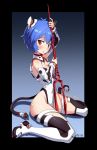  1girl adapted_costume ayanami_rei bail blue_hair blush boots breasts cleavage looking_at_viewer neon_genesis_evangelion parted_lips plugsuit red_eyes short_hair sitting solo thigh-highs thigh_boots wariza 