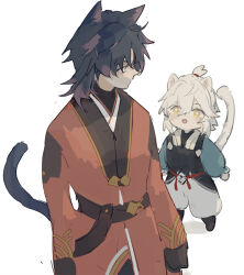  2boys age_difference aged_down alternate_costume animal_ears blade_(honkai:_star_rail) cat_boy cat_ears cat_tail child chinese_clothes hair_between_eyes honkai:_star_rail honkai_(series) jing_yuan kemonomimi_mode long_hair looking_at_another looking_down looking_up male_focus mississipping multiple_boys open_mouth parted_bangs ponytail simple_background smile tail white_background white_hair yellow_eyes 