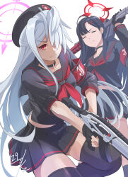  2girls absurdres assault_rifle beret black_gloves black_hair black_serafuku black_skirt black_thighhighs blue_archive bullpup closed_eyes cosplay em-2 fingerless_gloves gloves gun halo hat head_wings highres holding holding_gun holding_weapon ichika_(blue_archive) justice_task_force_member_(blue_archive) justice_task_force_member_(blue_archive)_(cosplay) long_hair multiple_girls nikulas_cage pink_halo red_eyes red_halo rifle school_uniform serafuku sig_mcx single_head_wing skirt suzumi_(blue_archive) thigh-highs weapon white_hair white_wings wings 
