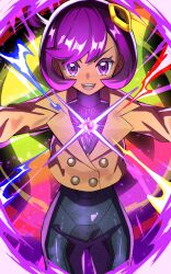  1girl black_bodysuit black_hair bodysuit bodysuit_under_clothes breasts brown_jacket dark-skinned_female dark_skin emma_(pokemon) hair_ornament highres inana_umi jacket latex latex_bodysuit looking_at_viewer mega_evolution_symbol mega_stone open_mouth pokemon pokemon_legends:_z-a short_hair smile solo teeth upper_teeth_only violet_eyes 