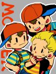  3boys backpack bag baseball_cap blonde_hair brown_hair child copyright_name grey_background hand_to_own_mouth hands_on_hips hat lucas male_focus mother_(game) mother_1 mother_2 mother_3 multiple_boys neckerchief nervous ness ninten oto red_legwear shirt sideways_hat simple_background socks solid_oval_eyes striped striped_shirt whisker_markings 