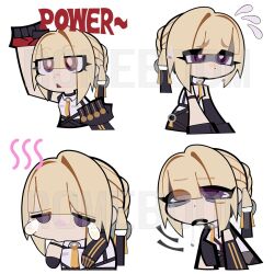  arm_strap blonde_hair chest_harness chibi chibi_only emoji evelyn_chevalier gloves half_gloves harness necktie romeboom yellow_necktie zenless_zone_zero 