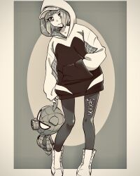  1girl baseball_cap boots character_doll commentary cross-laced_clothes cross-laced_legwear doll greyscale gwen_stacy hand_in_pocket hashtag-only_commentary hat hat_under_hood highres holding holding_stuffed_toy hood hooded_sweater hoodie kudou_masashi leggings marvel monochrome short_hair sleeves_past_wrists solo spider-gwen spider-ham spider-man_(series) stuffed_toy sweater two-sided_hoodie 