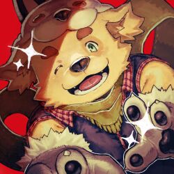  1boy animal_ears animal_hands batten_xxxx claws colored_tips cu_sith_(housamo) dog_boy dog_ears fangs floppy_ears furry furry_male gloves green_scarf halloween_costume hashtag-only_commentary highres looking_at_viewer male_focus multicolored_hair official_alternate_costume one_eye_closed open_mouth paw_gloves pawpads red_background scarf smile sparkle tokyo_afterschool_summoners werewolf_costume yellow_fur 